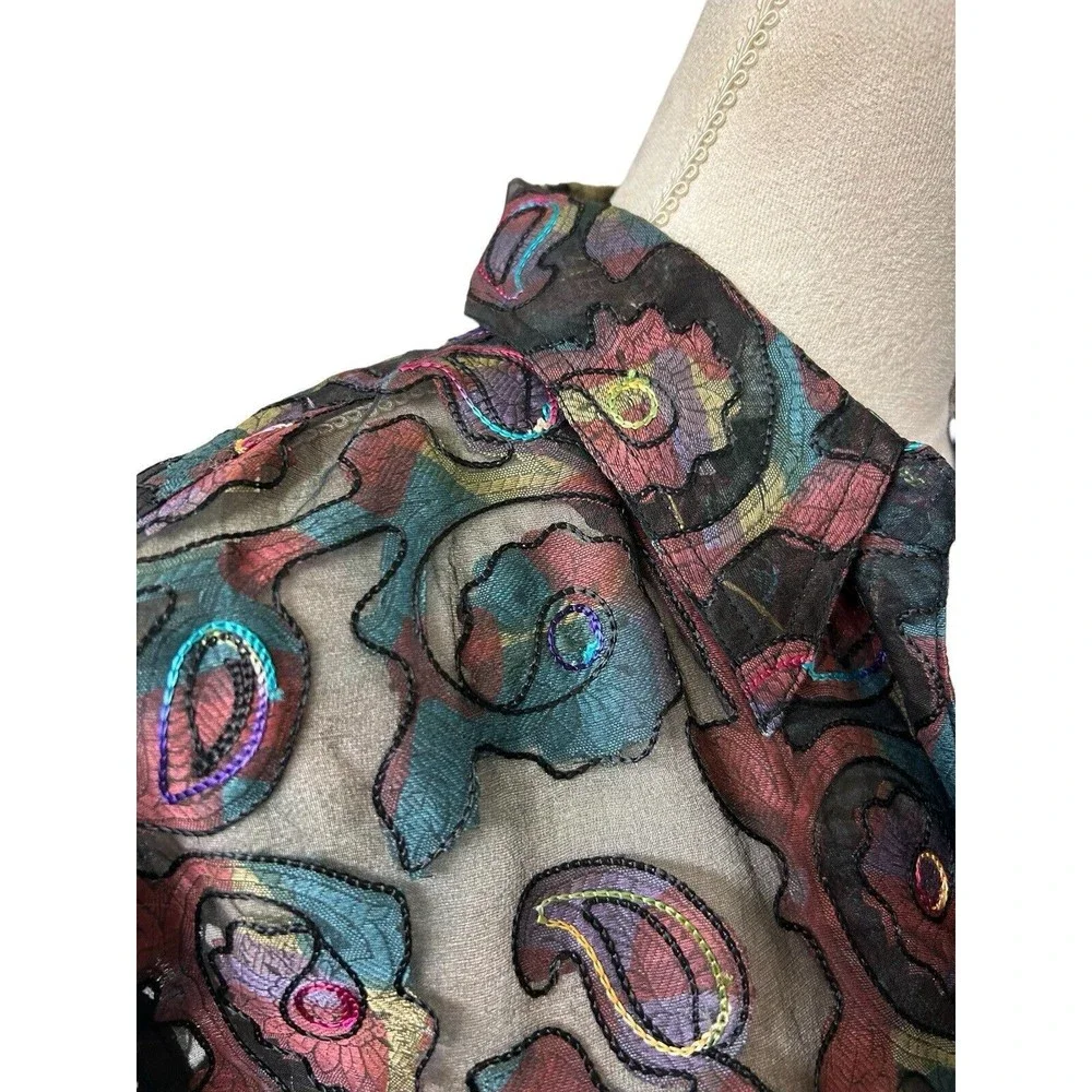 Chico's Design Vintage 90s Sheer Burnout Paisley Silk Blend Embroidered Top Sz 3